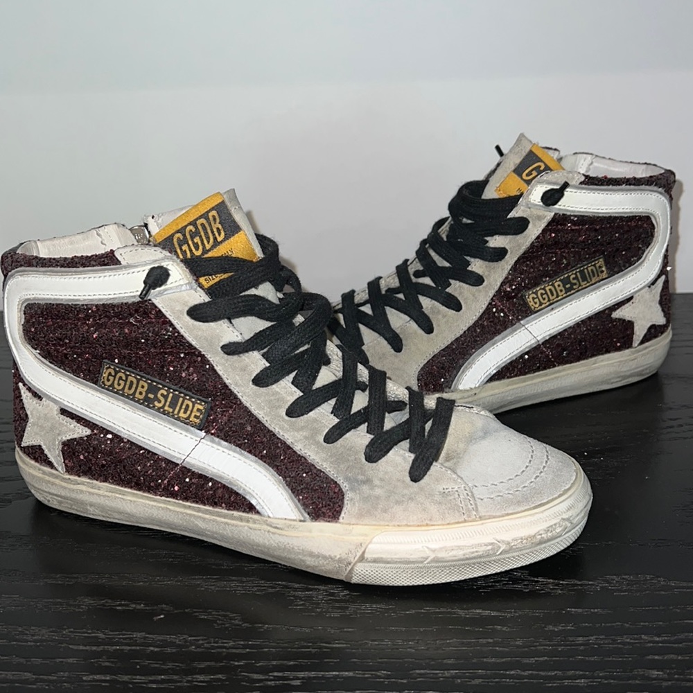 Golden Goose Slides Burgundy Leather Glitter Sneakers EUR 38
